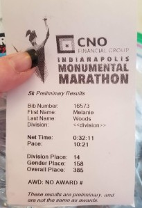 Race finish print out. 32:11 with 10:21 average pace